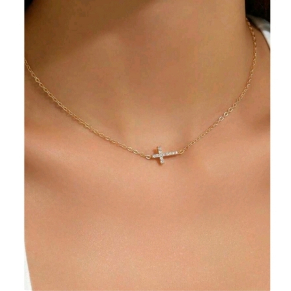NEW! Anthropologie Delicate Sideways Tiny Cross CZ Cubic Zirconia Gold Necklace